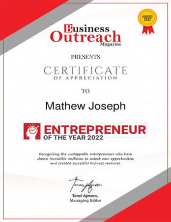 Mathew Joseph Business Outreachs Enterpreneur of the Year 2022