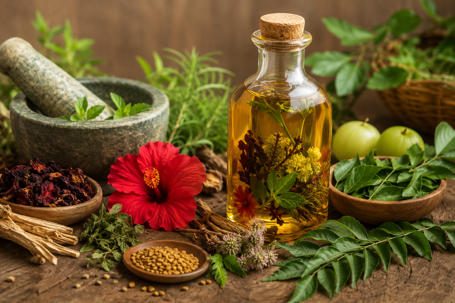 Reusable herbal hair oil mix with traditional herbs and natural carrier oils