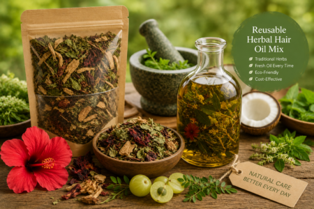 Reusable herbal hair oil mix with traditional herbs and natural carrier oils