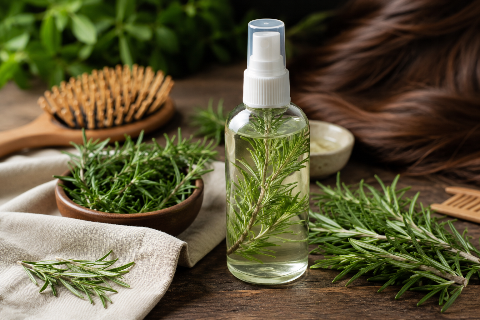 Fresh rosemary sprigs surrounding a clear spray bottle filled with rosemary water on a rustic wooden surface, representing premium natural herbal hair care and scalp wellness.