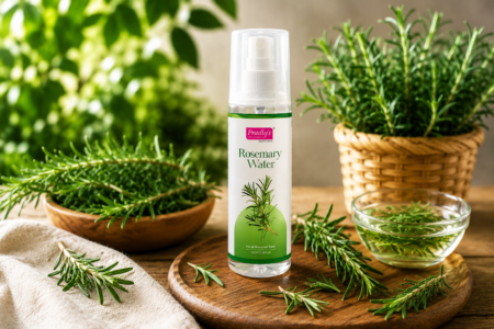 Fresh rosemary sprigs surrounding a clear spray bottle filled with rosemary water on a rustic wooden surface, representing premium natural herbal hair care and scalp wellness.
