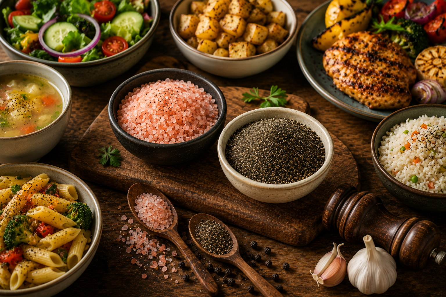 black pepper powder and pink salt