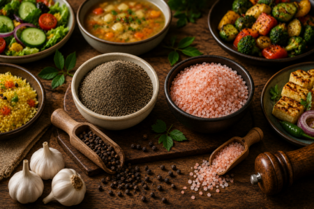 black pepper powder and pink salt