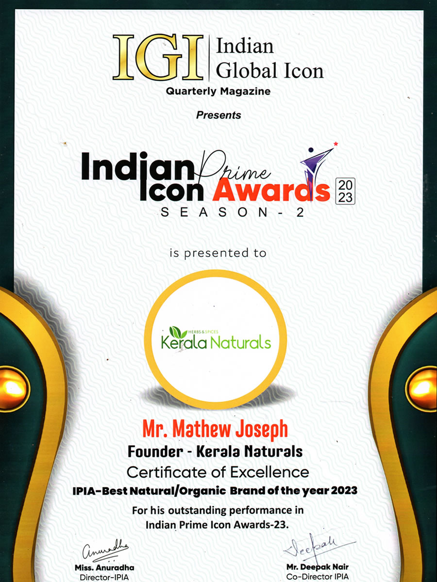 Indian Prime Icon Awards Best Organic Natural Brand of the Year 2023 certificate